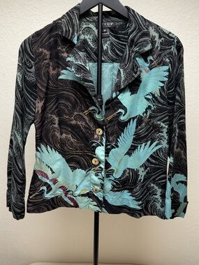Tribal Black and Aqua Crane-Print Button Front Top